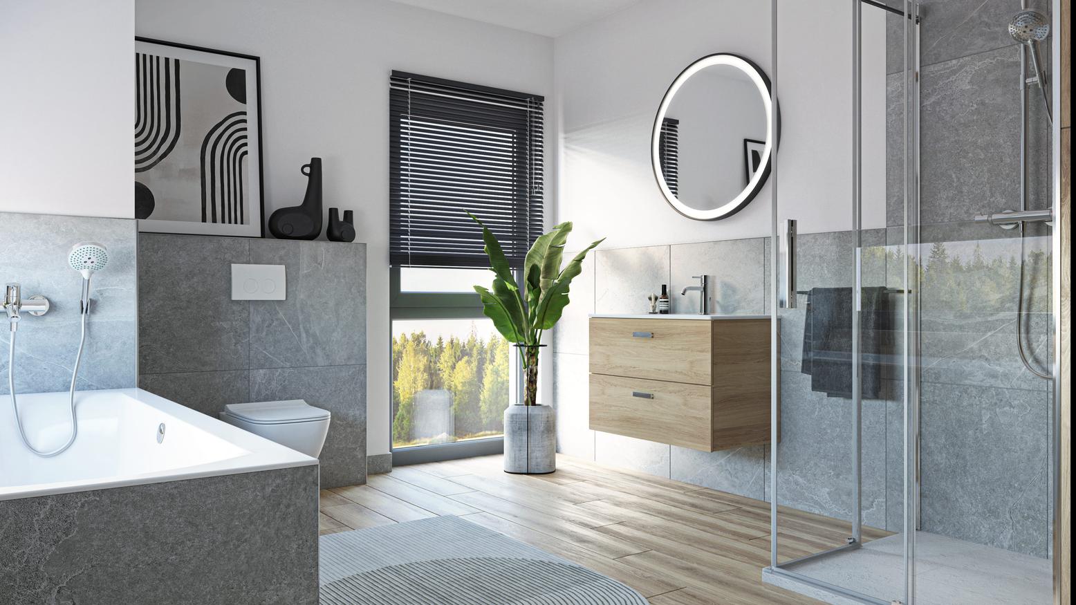 Minimalistisches Bad mit weiß-grauer Farbpalette und Holzdetails