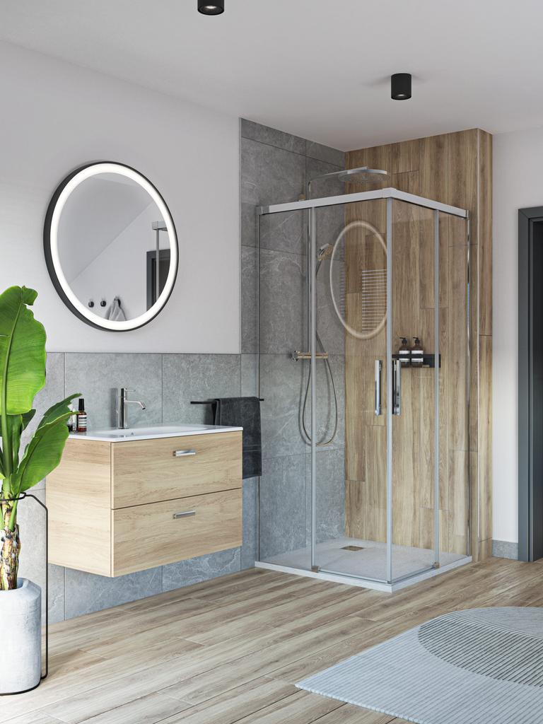 Minimalistisches Bad mit weiß-grauer Farbpalette und Holzdetails