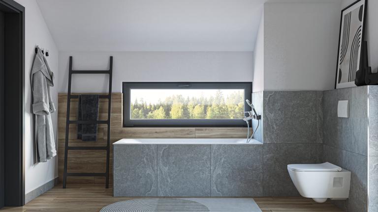 Minimalistisches Bad mit weiß-grauer Farbpalette und Holzdetails